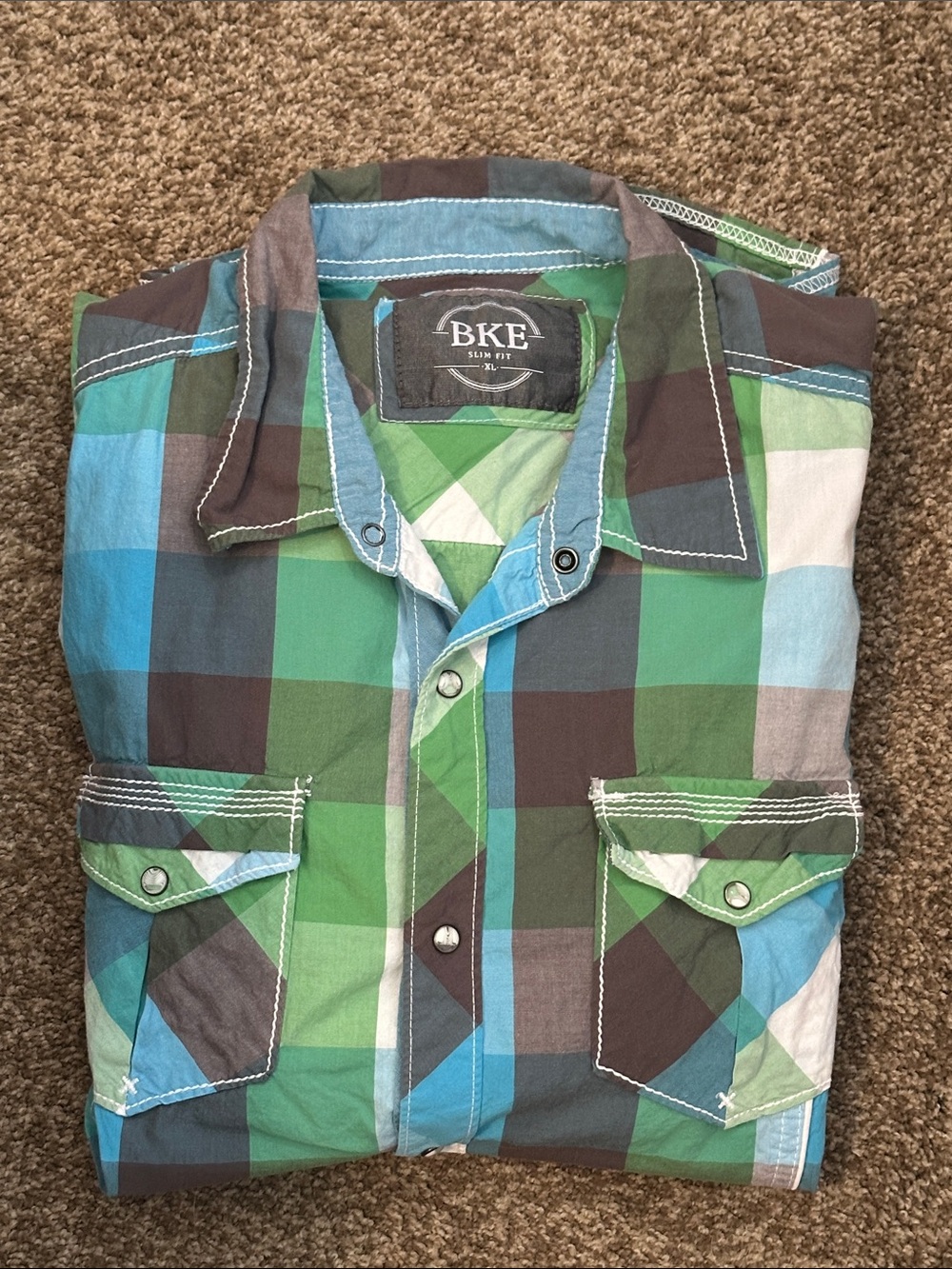 BKE Green, Blue & Gray Plaid Short-Sleeve Button-Up Shirt Slim fit